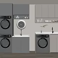 Modern Washing Machines In Laundry Room With Gray Cabinets Sink And Round Mirror