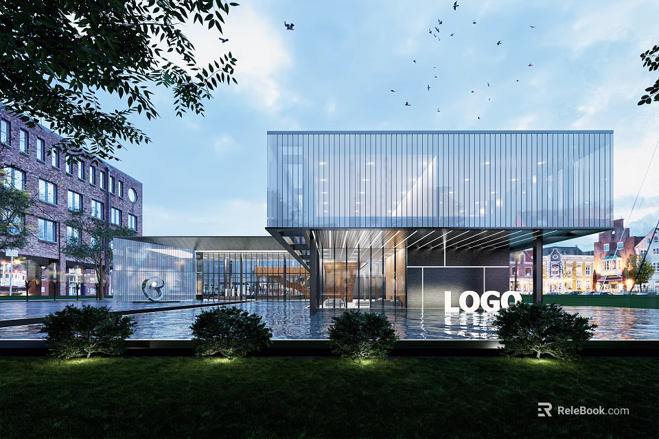 Modern Commercial Building Exterior With Glass Curtain Wall Metal Structure Water Pool And Greenery 3d model 