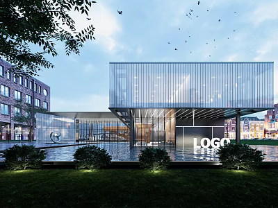 Modern Commercial Building Exterior With Glass Curtain Wall Metal Structure Water Pool And Greenery 3d model