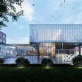 Modern Commercial Building Exterior With Glass Curtain Wall Metal Structure Water Pool And Greenery