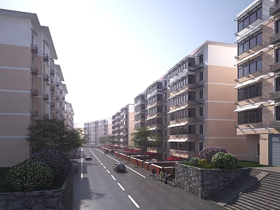 Modern Commercial Street With Well Designed Buildings Road Parked Cars And Lush Greenery 3d model