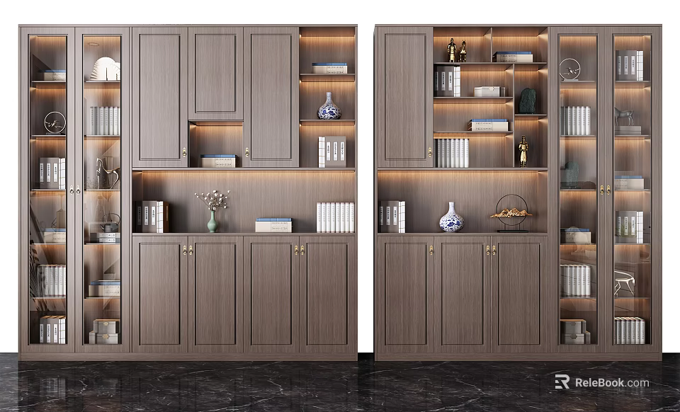 Modern Wooden Bookcase With LED Lighting Decorative Items And Book Storage 3d model 