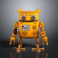 Yellow Vintage Robot With Large Round Eyes Metallic Body And Mechanical Limbs On Reflective Surface