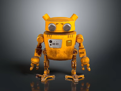 Yellow Vintage Robot With Large Round Eyes Metallic Body And Mechanical Limbs On Reflective Surface 3d model