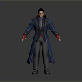 3D Male Character In Blue Long Coat With Red Gloves And Gray Background