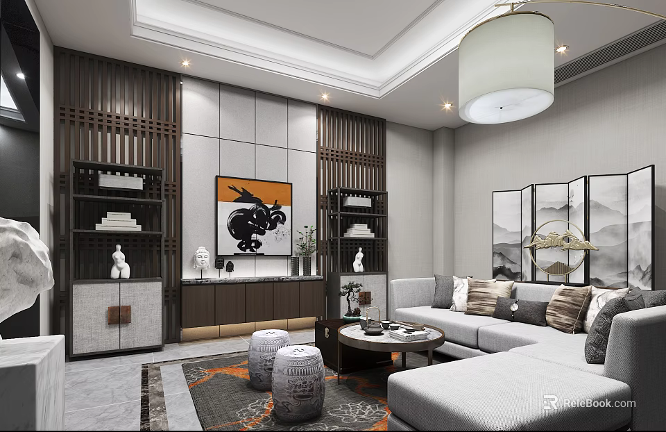 Modern Chinese Living Room Interior With L shaped Sofa Round Coffee Table And Decorative Elements 3d model 
