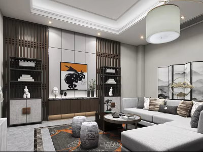 Modern Chinese Living Room Interior With L shaped Sofa Round Coffee Table And Decorative Elements 3d model