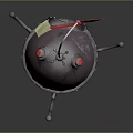 Space Exploration Metallic Sphere With Support Stand Curved Tube And Red Propeller