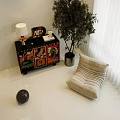 Colorful Patterned Entryway Side Cabinet With Tall Plant And Lamp Near Sofa