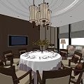 Elegant Private Dining Room With Round Table Chandelier TV Patterned Carpet And Chairs 3d model