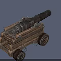 Vintage Metal Cannon With Wooden Carriage Wheels And Cannonballs On Gray Surface