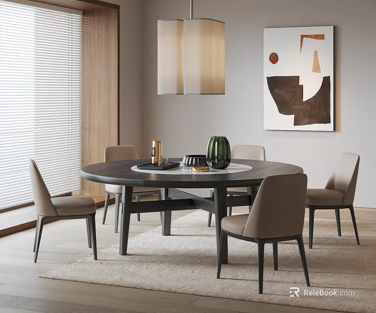 Modern Round Dining Table And Beige Chairs With Abstract Painting And Pendant Light 3d model 