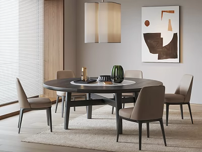 Modern Round Dining Table And Beige Chairs With Abstract Painting And Pendant Light 3d model