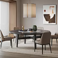 Modern Round Dining Table And Beige Chairs With Abstract Painting And Pendant Light