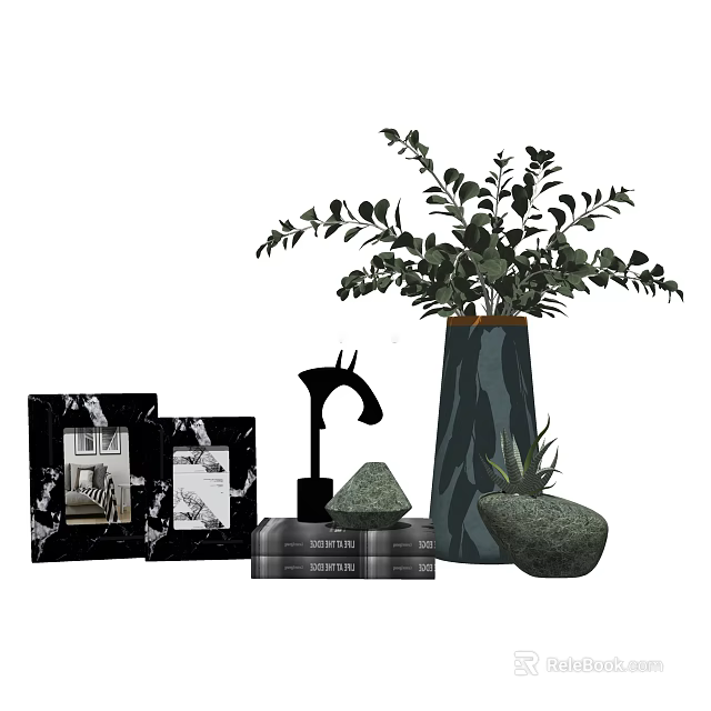 Decorative Ornament Set with Green Plant Photo Frames Books and Decorative Objects 3d model 