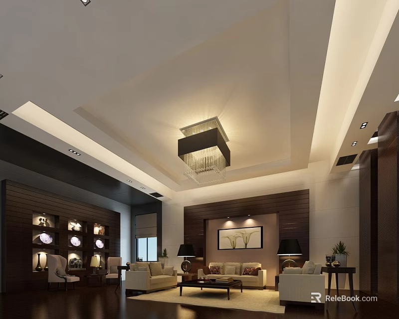 Elegant Modern Hotel Public Lounge Interior With Comfortable Sofas Coffee Tables And Chandelier 3d model
