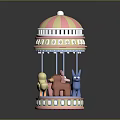Colorful Mini Carousel Toy With Pink White Striped Canopy And Colored Animal Figures