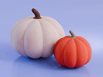 Cute Pumpkin Shaped Decorative Pillows in Light Beige and Orange on Light Blue Background 3d model