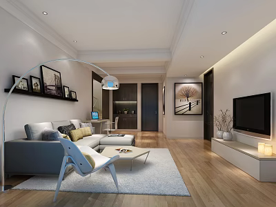 Modern Living Room Interior With Gray Sofa White Chair Coffee Table Floor Lamp And TV 3d model