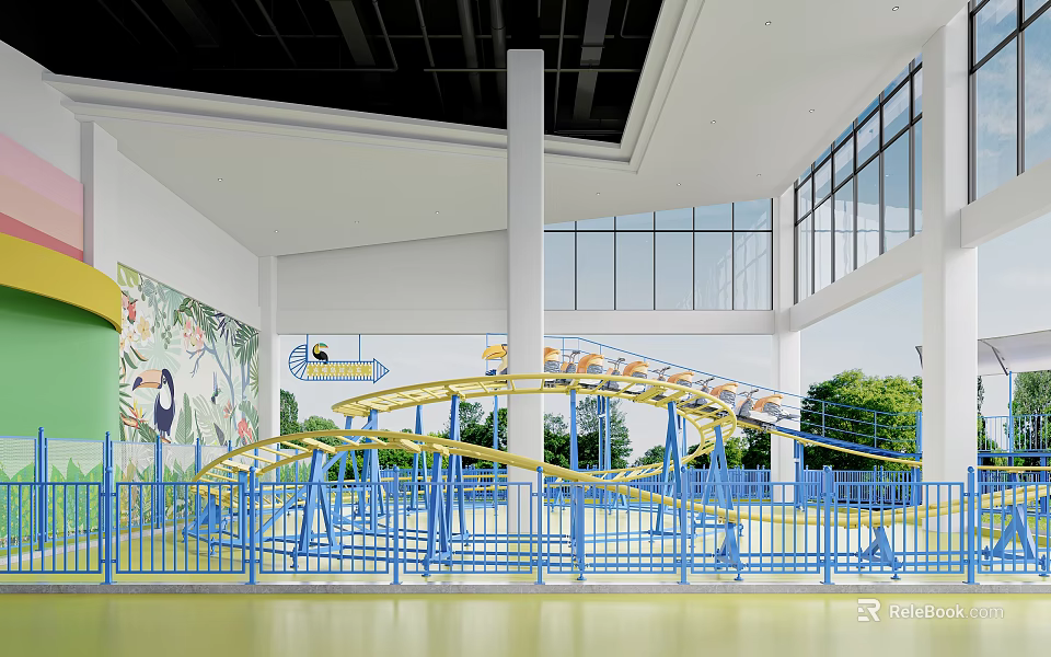 Indoor Amusement Park With Roller Coaster Blue Fence And Bright Space 3d model 