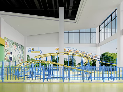 Indoor Amusement Park With Roller Coaster Blue Fence And Bright Space 3d model