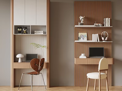 Modern Home Office Interior With Desks Chairs Shelves And Decorative Plants 3d model