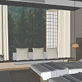 Modern Hotel Room Interior With Two Beds White Bedding Mountain View And Black Vase