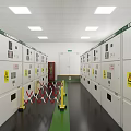 Industrial Control Room Featuring Electrical Control Cabinets Warning Signs Green Floor Safety Helmet Tool Boxes