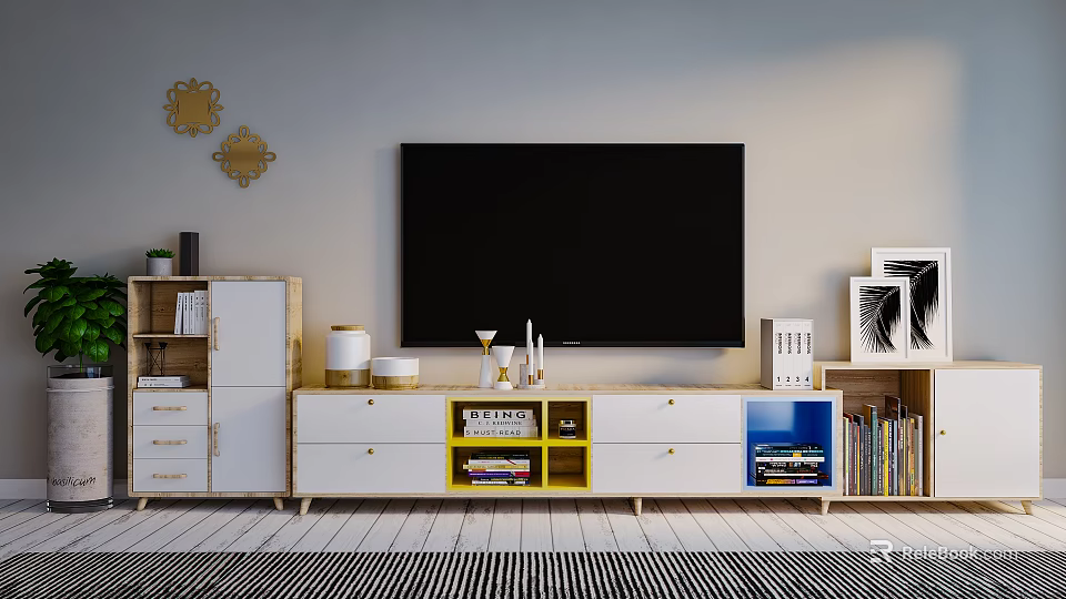 Modern TV Stand with Yellow Blue Storage Compartments Drawers and Gold Wall Mirrors 3d model 