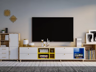 Modern TV Stand with Yellow Blue Storage Compartments Drawers and Gold Wall Mirrors 3d model
