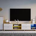 Modern TV Stand with Yellow Blue Storage Compartments Drawers and Gold Wall Mirrors
