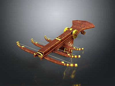 Ancient Mechanical Weapon With Wooden Body Intricate Carvings Golden Decorations And Multiple Bowstrings 3d model