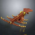 Ancient Mechanical Weapon With Wooden Body Intricate Carvings Golden Decorations And Multiple Bowstrings