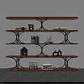 Modern Multi Tiered Wooden Shelving Unit With Metal Frames Holding Books And Decorative Items