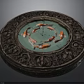 Ornate Round Decorative Basin With Carved Border Turquoise Water And Koi Fish
