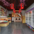 Colorful Japanese Restaurant Interior With Cherry Blossom Decor Red Umbrellas And Wooden Partitions
