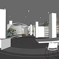 Modern Café Interior With White Columns Circular Floor Design White Bar Counter And Bicycle Mural