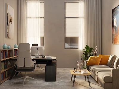 Modern Office Interior With Desk Chair Sofa Bookshelf And Potted Plant 3d model