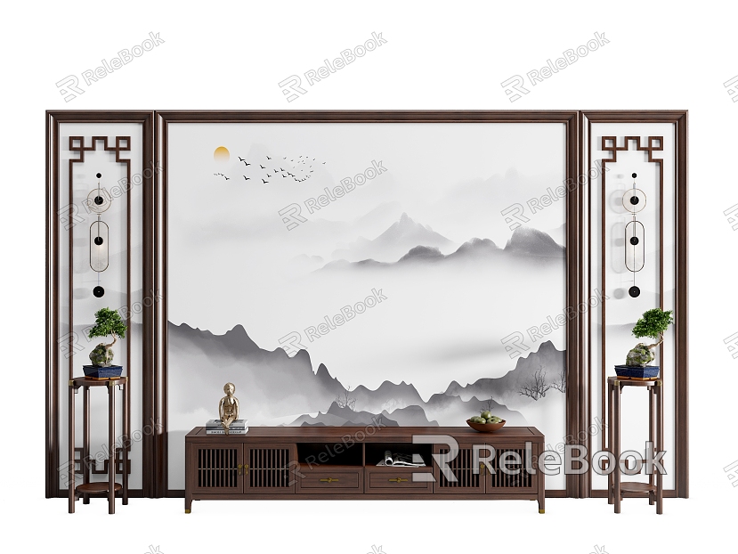 New Chinese Style TV Background Wall Living Room Background Wall Wall Cloth Background Wall Solid Wood Decorative Panel TV Cabinet Flower Rack model