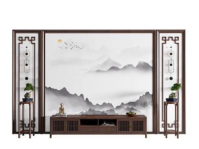 New Chinese Style TV Background Wall Living Room Background Wall Cloth Background Wall Solid Wood Decorative Panel TV Cabinet Flower Rack model