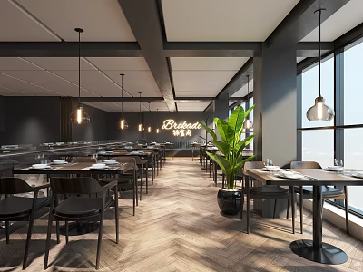 Modern Bistro Restaurant Interior With Hanging Lights Herringbone Floor Green Plant And Large Windows 3d model