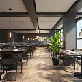 Modern Bistro Restaurant Interior With Hanging Lights Herringbone Floor Green Plant And Large Windows