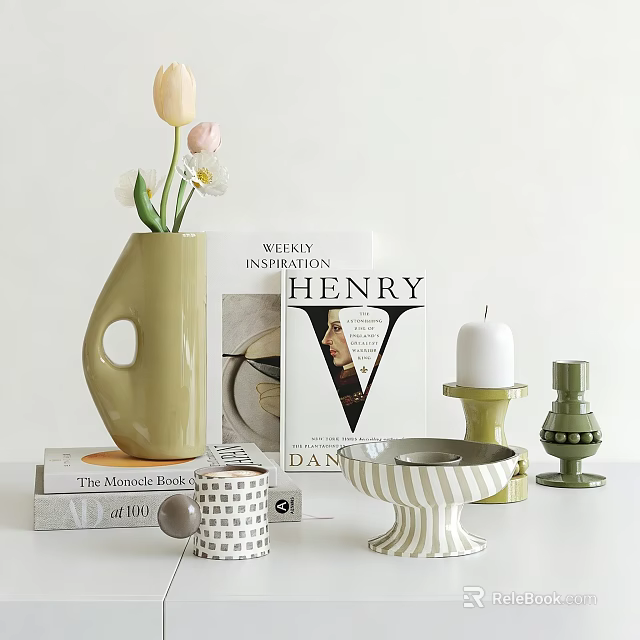 Stylish Decorative Ornament Set with Green Vase Pink White Tulips Books Candle Holder and Bowl 3d model 