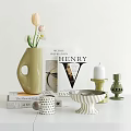 Stylish Decorative Ornament Set with Green Vase Pink White Tulips Books Candle Holder and Bowl