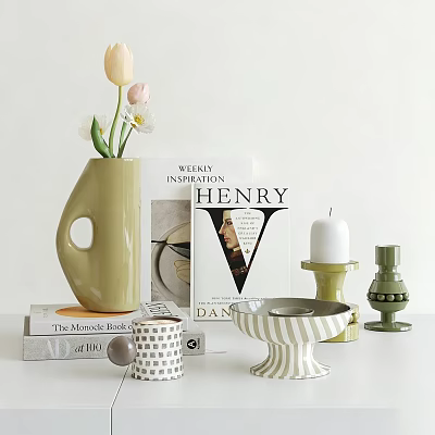 Stylish Decorative Ornament Set with Green Vase Pink White Tulips Books Candle Holder and Bowl 3d model