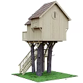 Wooden Tree House Built On Two Trees Featuring Staircase Balcony And Sloped Roof