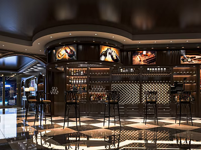Elegant Modern Bar Interior With Dark Wooden Counter Wine Racks High Stools And Ambient Lighting 3d model