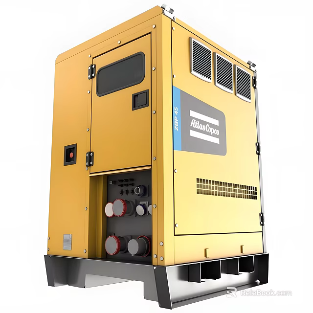 Atlas Copco Yellow Industrial Generator With Control Panel And Cooling Vents 3d model 