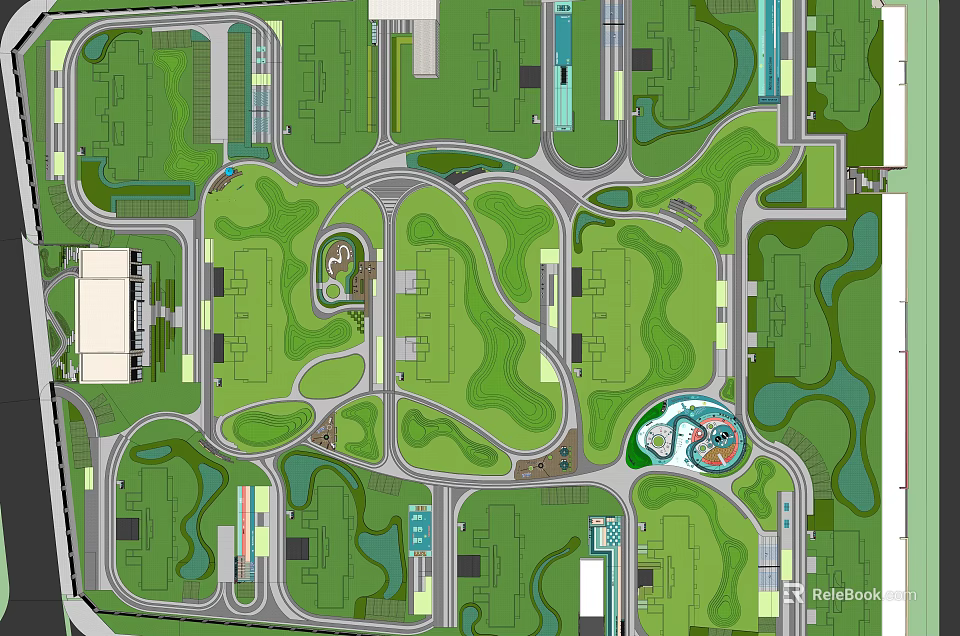 Residential Landscape with Green Areas Road Network Central Plaza and Water Features 3d model 