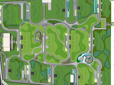 Residential Landscape with Green Areas Road Network Central Plaza and Water Features 3d model